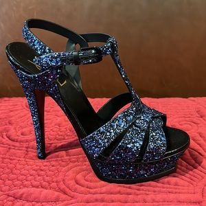 YSL Tribute Platform Sandal S38 Glitter Midnight Blue/Black Laquer
